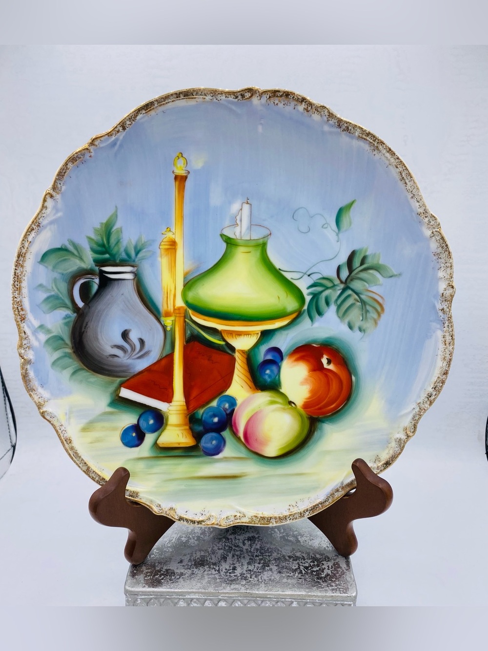 Vintage Porcelain Hand Painted Still Life Lantern Candle Jar Book Fruit Japan